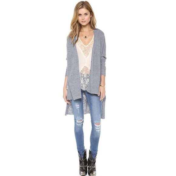 FREE PEOPLE TGIF Hi Lo Oversized Cardigan Blue Gray Drop Shoulder Knit Long Midi - Picture 2 of 8